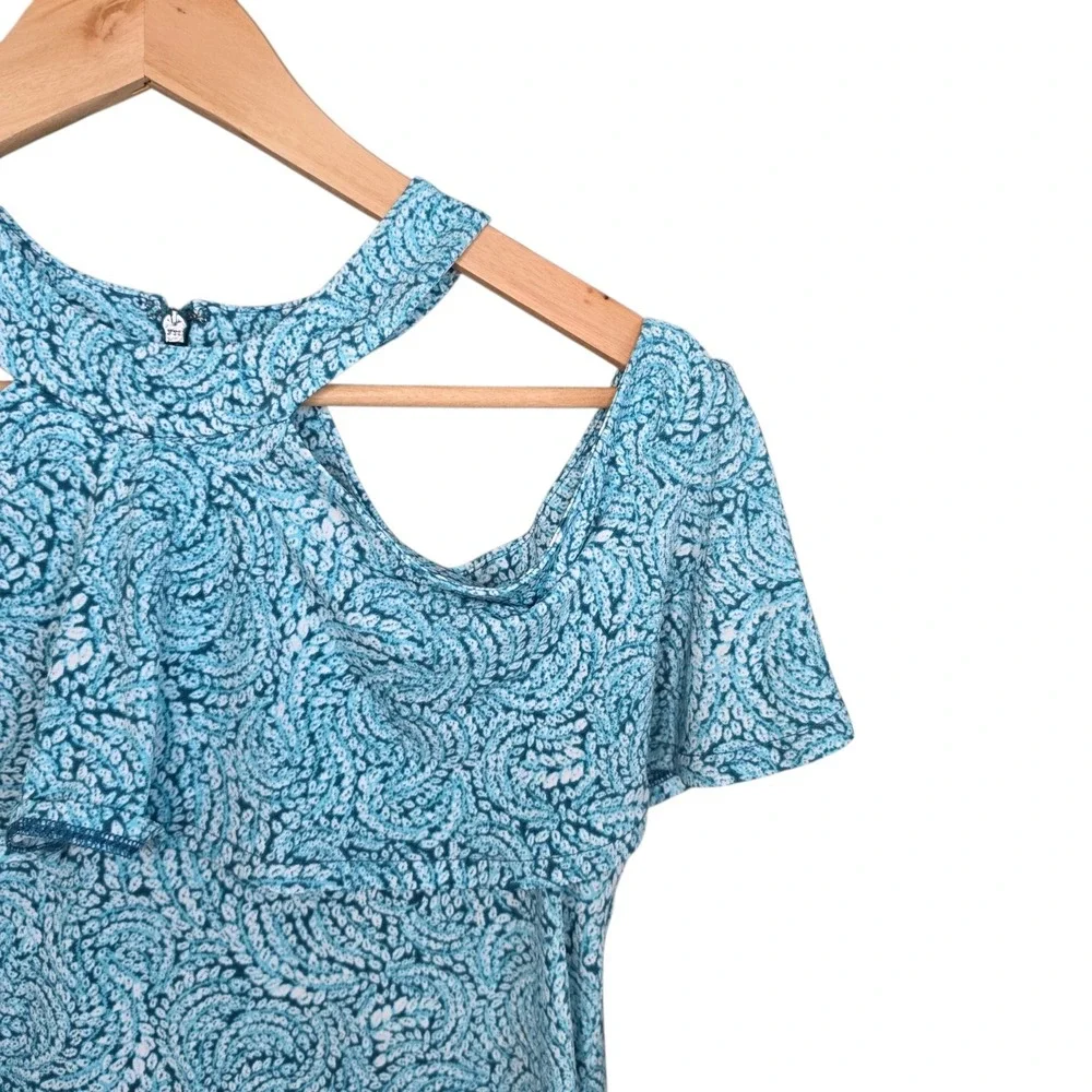 Michael Kors Womens Medium Top Cold Shoulder Ruffle Blue Printed Halter Blouse
